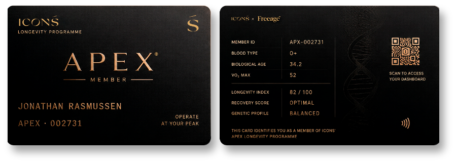 ICONS APEX membership card with member ID, biometric profile and QR access code
